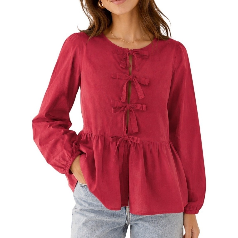 Velvet Heart Womens Red Tie Front Peplum Blouse Size Large Boho Casual Tunic Top
